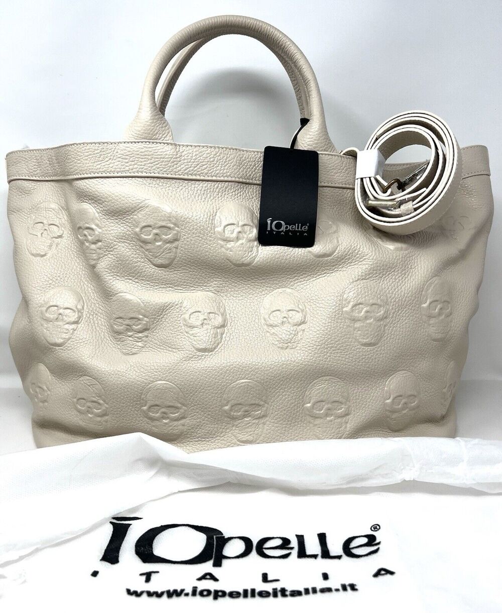 IO PELLE Italia Skull Embossed Leather Tote Bag LATTE Beige XL Weekender Xbody